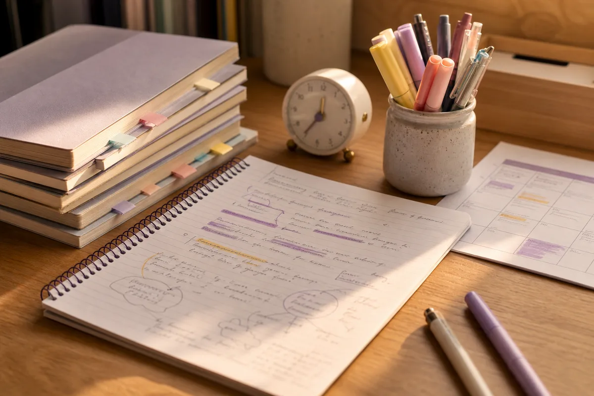 Secretária de estudo com cadernos separados por marcadores de cor, um caderno de apontamentos aberto, marcadores fluorescentes e um planeamento semanal