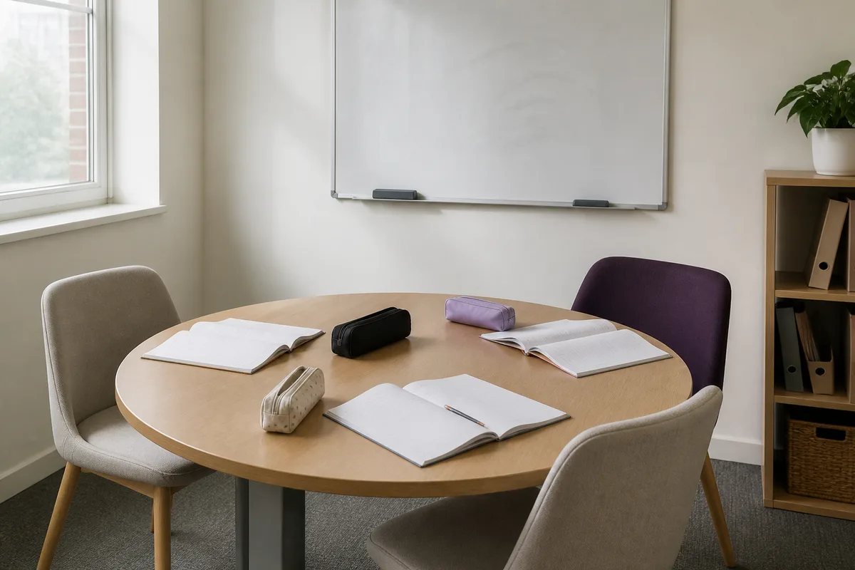 Mesa redonda de uma sala da Academia preparada para três alunos, com cadernos abertos e um quadro branco atrás