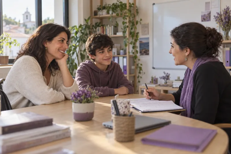 Uma mãe e o filho conversam com uma professora à mesa do centro de estudos; a professora toma notas numa agenda.