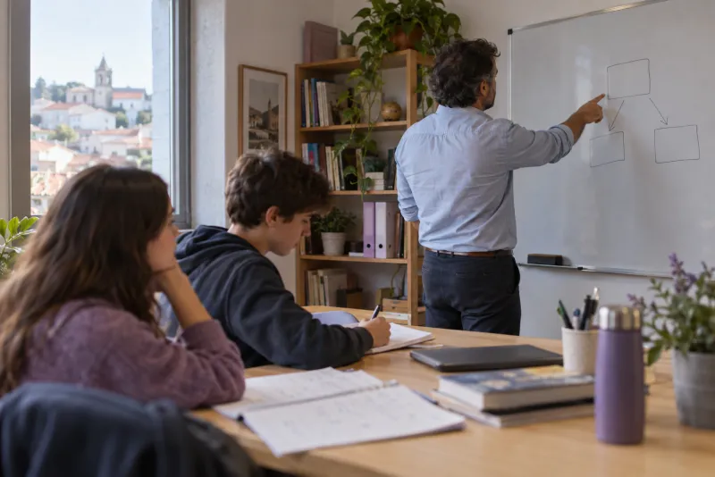 Um professor, de costas, aponta para um esquema no quadro branco enquanto dois alunos adolescentes acompanham sentados à mesa.