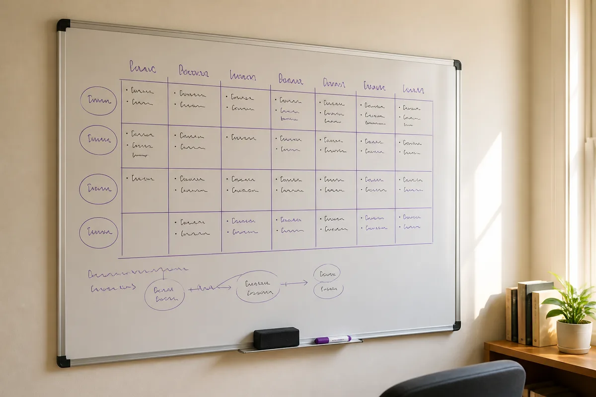Quadro branco numa sala da Academia com um plano de estudo semanal desenhado a marcador roxo e preto