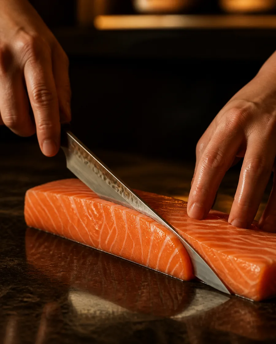 Chef a cortar um lombo de salmão com faca japonesa