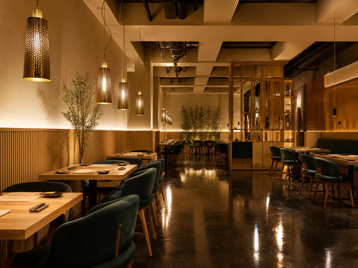 Sala do restaurante à noite, madeira escura e candeeiros de luz âmbar