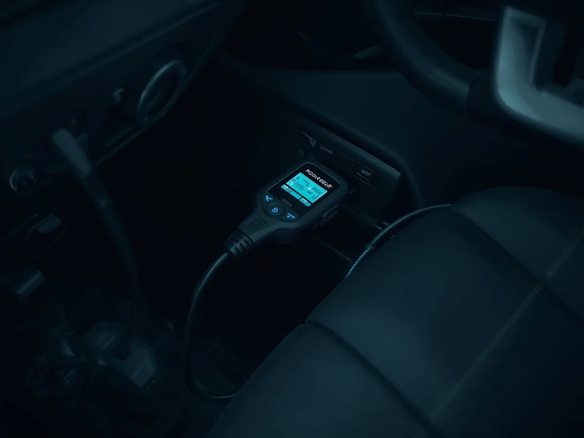 Aparelho de diagnóstico automóvel ligado à tomada de bordo de um carro, com o ecrã aceso no escuro