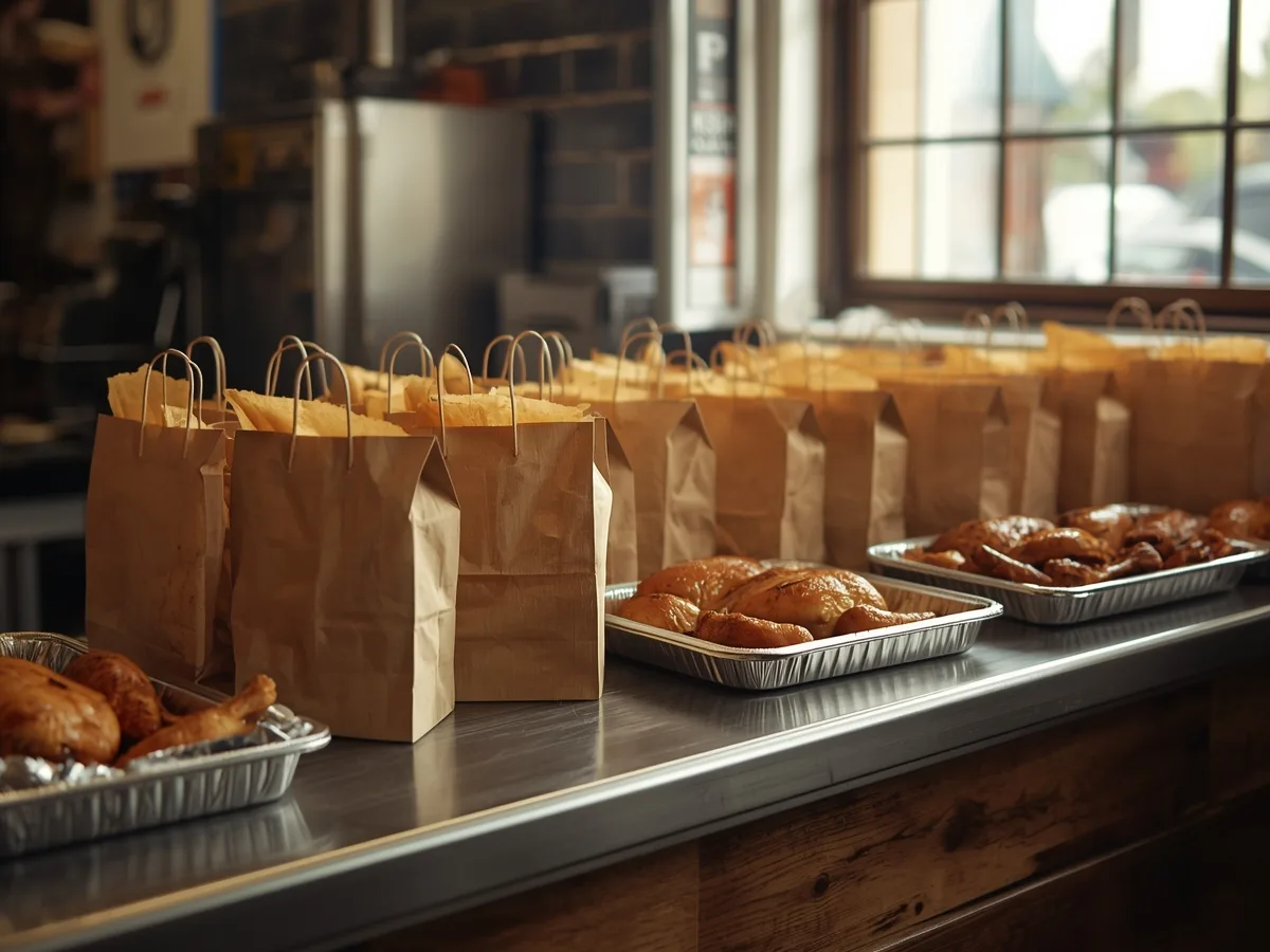 Balcão de take-away com sacos de papel e travessas de frango prontas a levantar