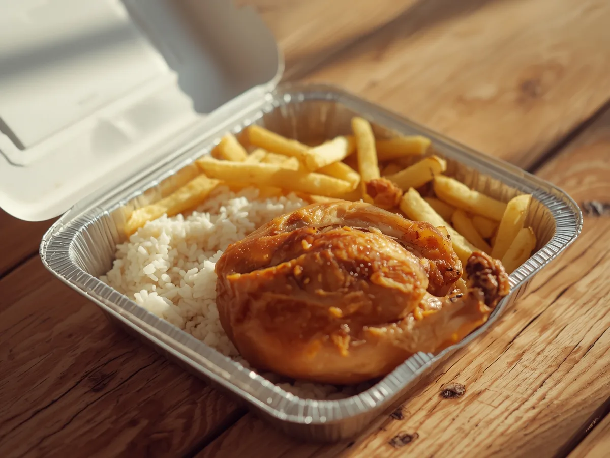Meia dose de frango assado com arroz e batata frita numa embalagem de alumínio