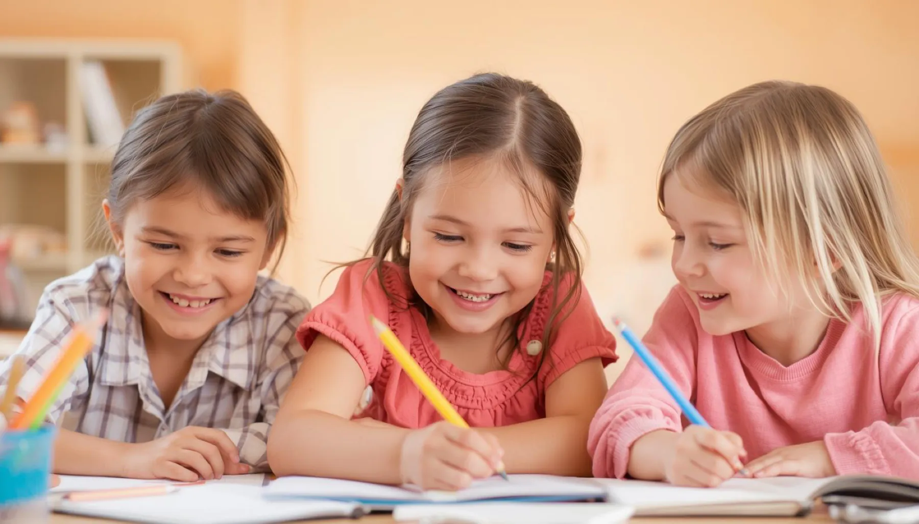 Três meninas sorridentes a escrever nos cadernos