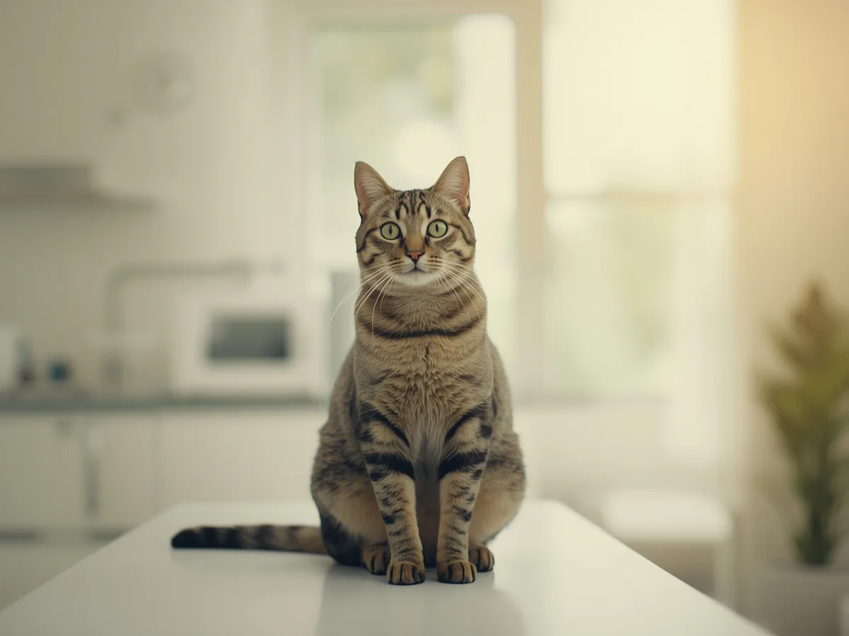 Gato tigrado sentado com calma numa mesa de consulta iluminada por luz natural
