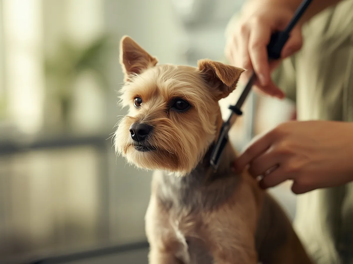 Cão de pelo claro a ser tosquiado com máquina numa sala de banhos
