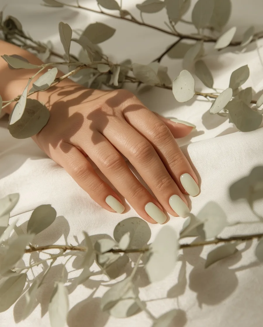 Unhas de gel em tom claro, sobre linho branco com folhas de eucalipto