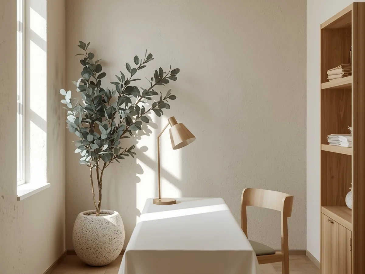 Interior claro do estúdio, com mesa de manicure, candeeiro e um eucalipto em vaso