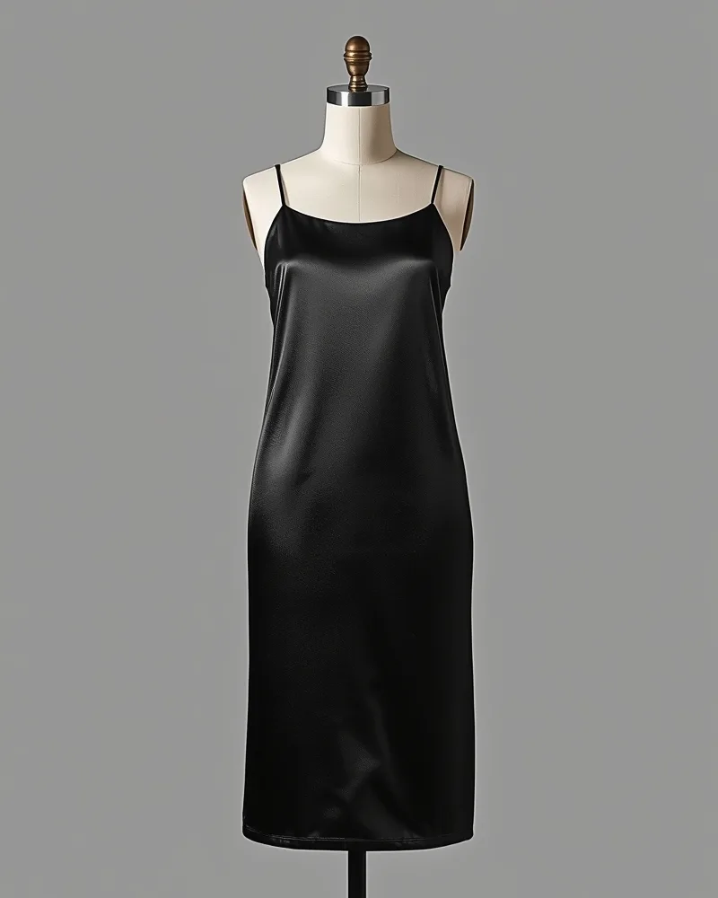 Vestido midi em cetim preto pendurado, fotografia de estúdio