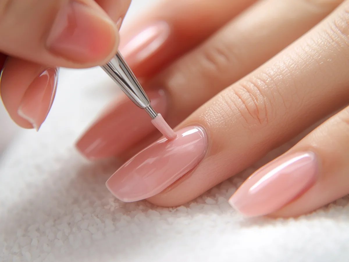 Aplicação de verniz gel com pincel fino, em primeiro plano