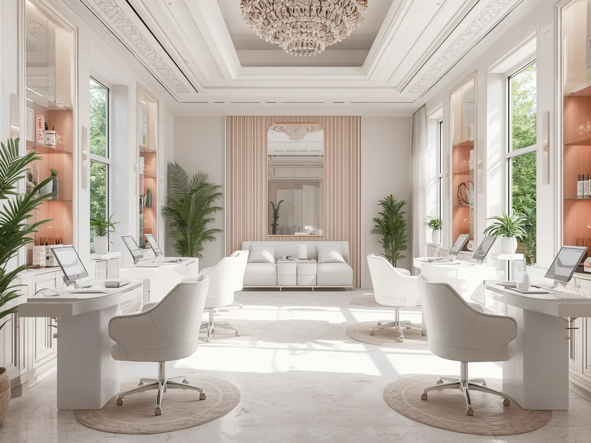 Interior claro do estúdio, com postos de manicure e decoração em tons de rosa