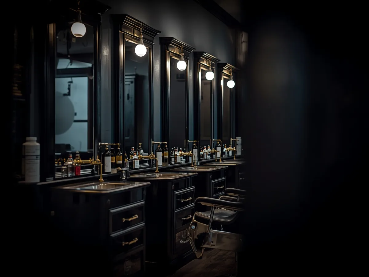 Fila de espelhos e armários de madeira escura com torneiras em latão na barbearia