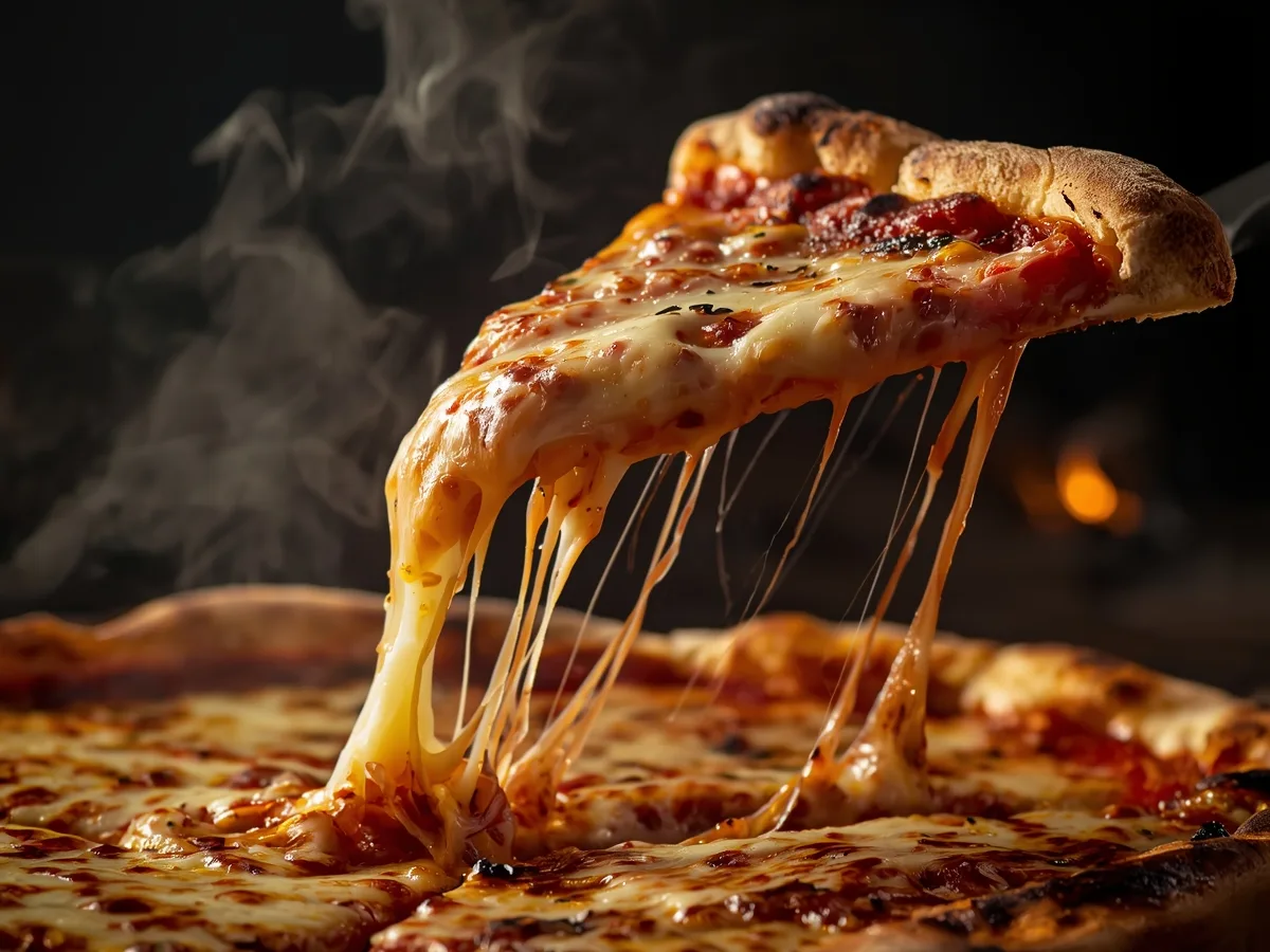 Fatia de pizza levantada com queijo derretido a esticar