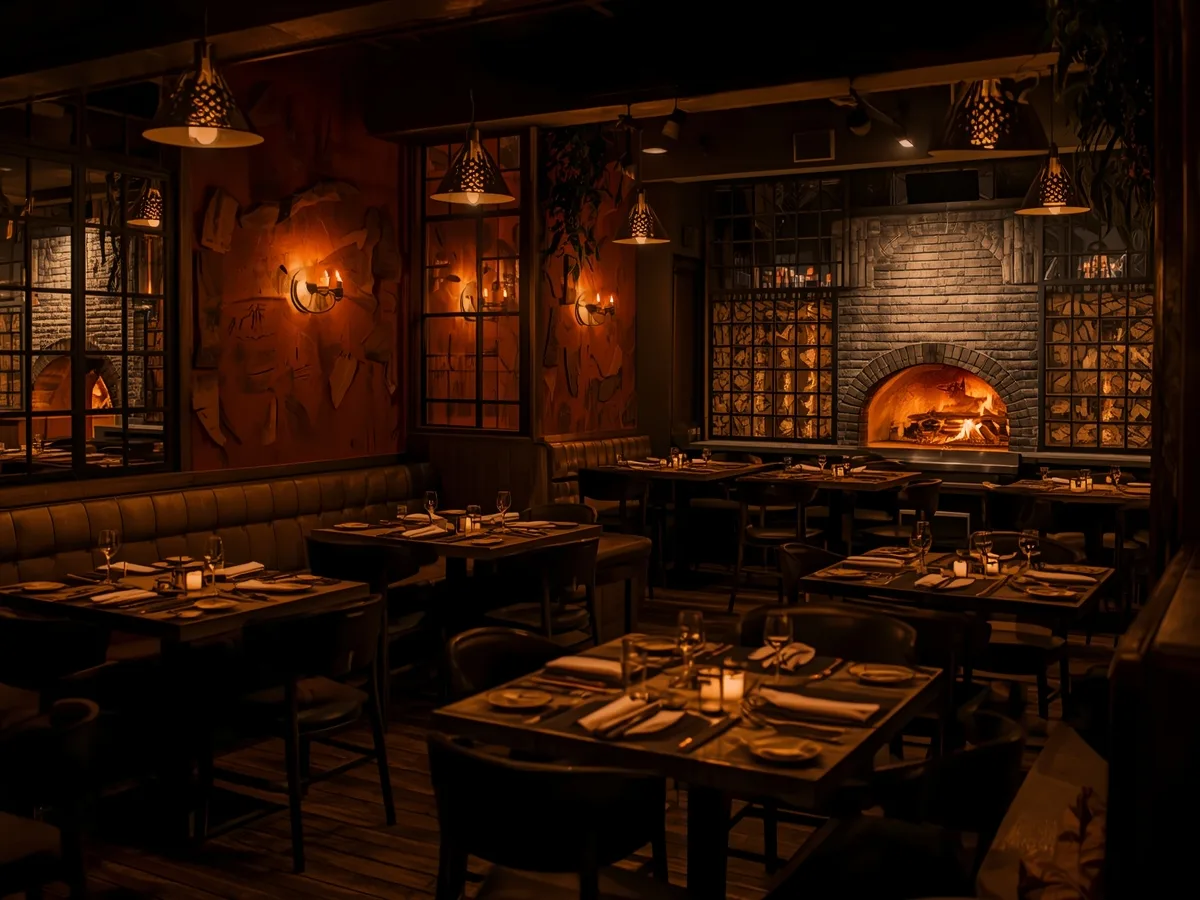 Sala da pizzaria à noite, mesas à luz de velas e o forno aceso ao fundo