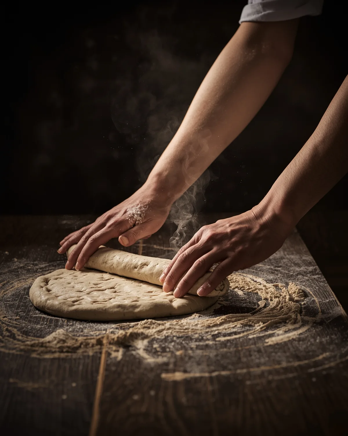 Mãos a esticar massa de pizza fresca numa bancada polvilhada de farinha