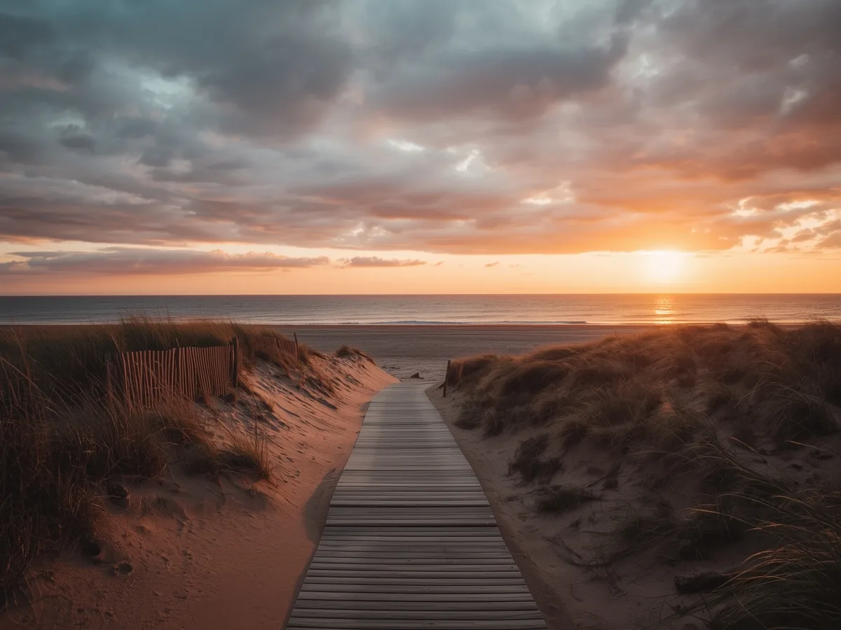 Praia de Altura ao entardecer, com passadiço de madeira sobre as dunas