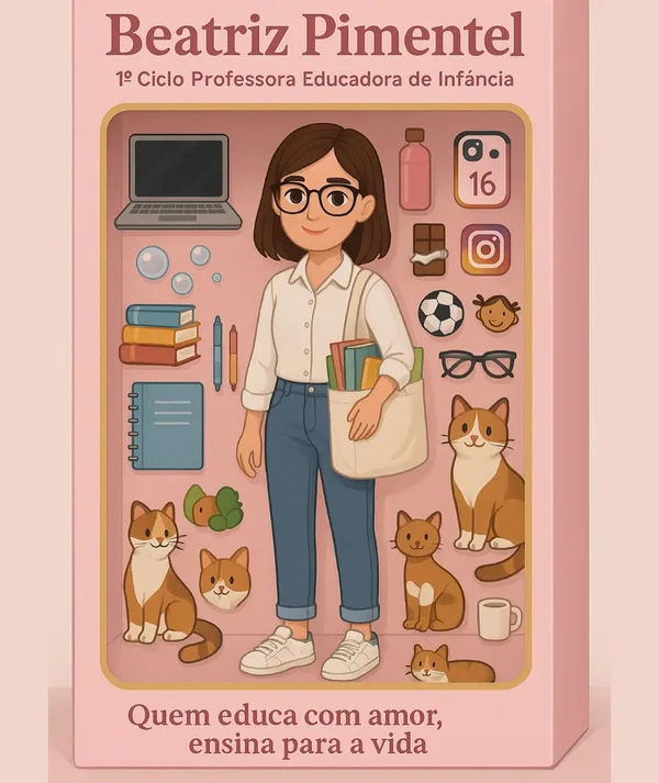 Ilustração da Beatriz em caixa de boneca, com livros, gatos e material escolar.