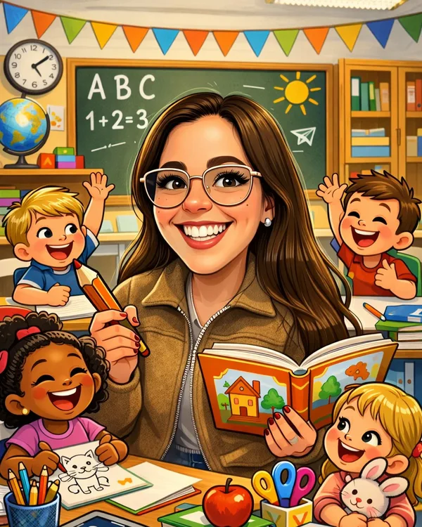 Ilustração da Beatriz numa sala de aula colorida, a ler um livro.