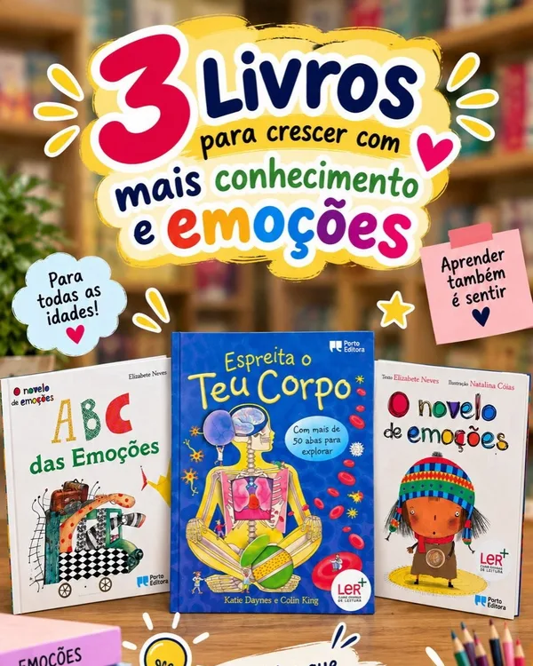 Três livros infantis sobre emoções e o corpo humano numa mesa.