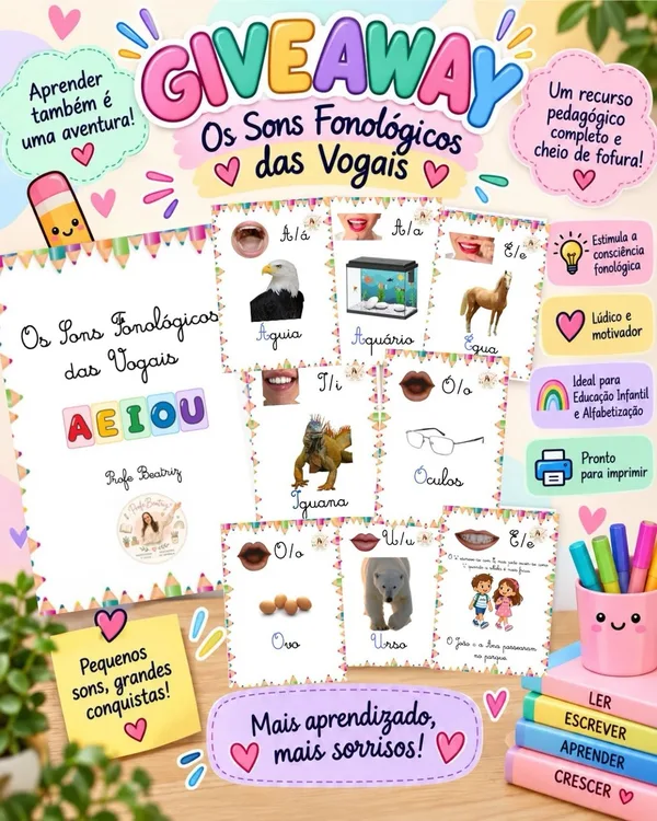 Publicação com os cartões dos sons fonológicos das vogais.
